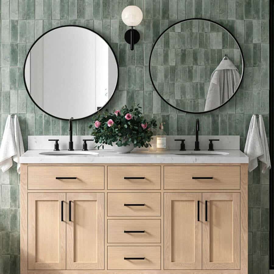 bertch round bathroom cabinets & mirrors mounted above dual sink vanity