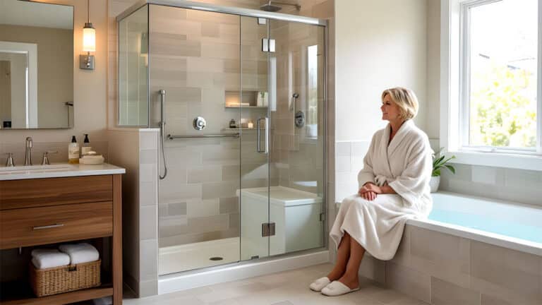 aging in place bathroom remodeling solutions senior woman sitting on edge of tub in accessible tub shower grab bars seating